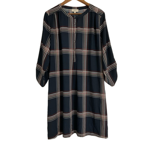 LOFT Plaid Tunic Dress Womens XL Navy Pink Button Front 3/4 Sleeve